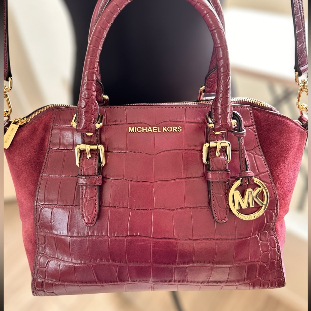 Michael Kors Burgundy/ Berry Croc Embossed Satchel Suede Sides Gold Hardware.